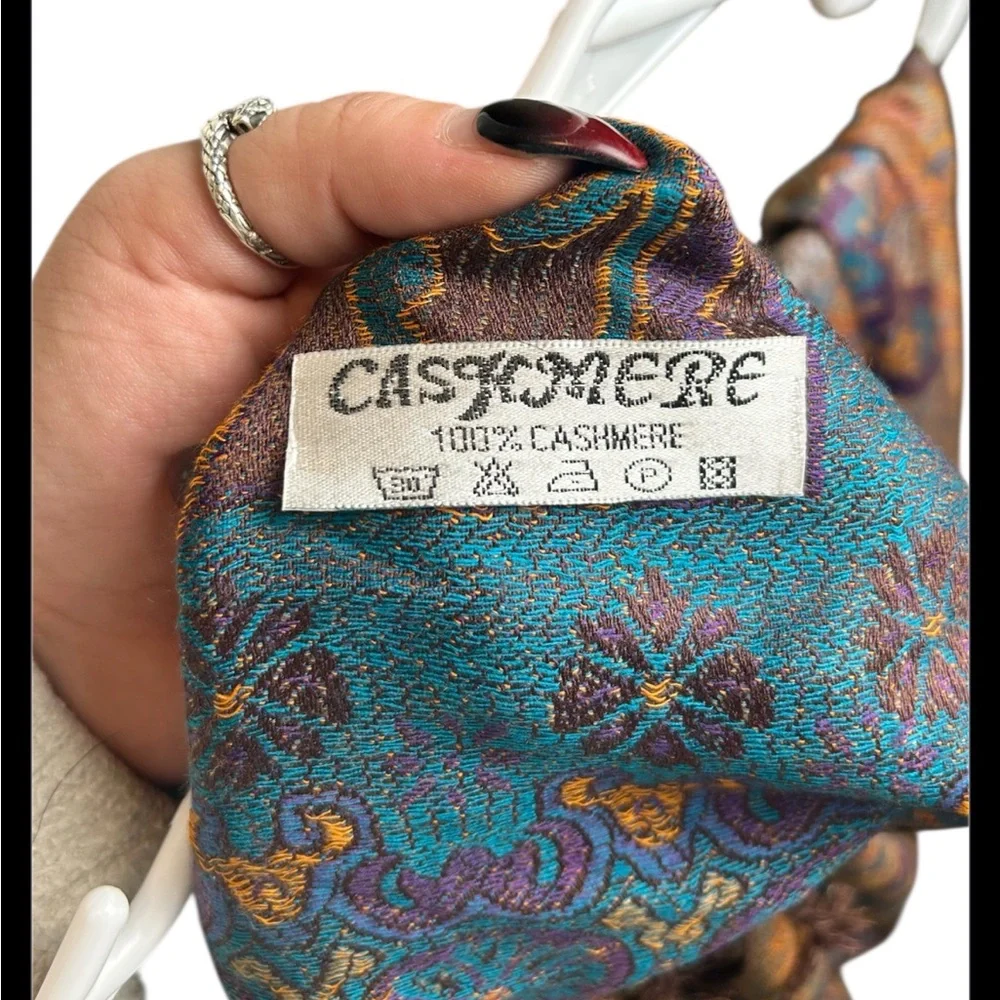 Blue Orange Purple 100% Cashmere Paisley Scarf W Tassel Detail - Picture 4 of 4